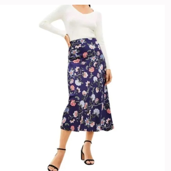 Ann Taylor LOFT Floral Bias Navy Midi Skirt elastic waist bohemian maxi - Picture 1 of 16